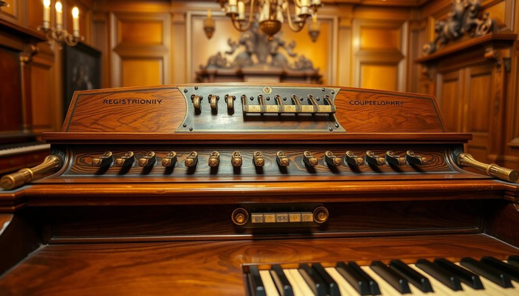 A detailed view of a two-manual harpsichord, showcasing the registration controls and coupler mechanism. In the foreground, focus on the ornate wooden cabinet of the harpsichord, with rich grain patterns and intricate carvings. The middle layer features the registration levers and couplers, highlighted with soft backlighting to emphasize their brass accents and aged patina. In the background, an elegant room with warm wooden tones and baroque decor, creating a historical atmosphere. Use soft, ambient lighting to evoke a feeling of nostalgia and sophistication. Capture this scene from a slightly elevated angle to provide a comprehensive overview of the instrument’s functionality, ensuring clarity and an inviting mood.