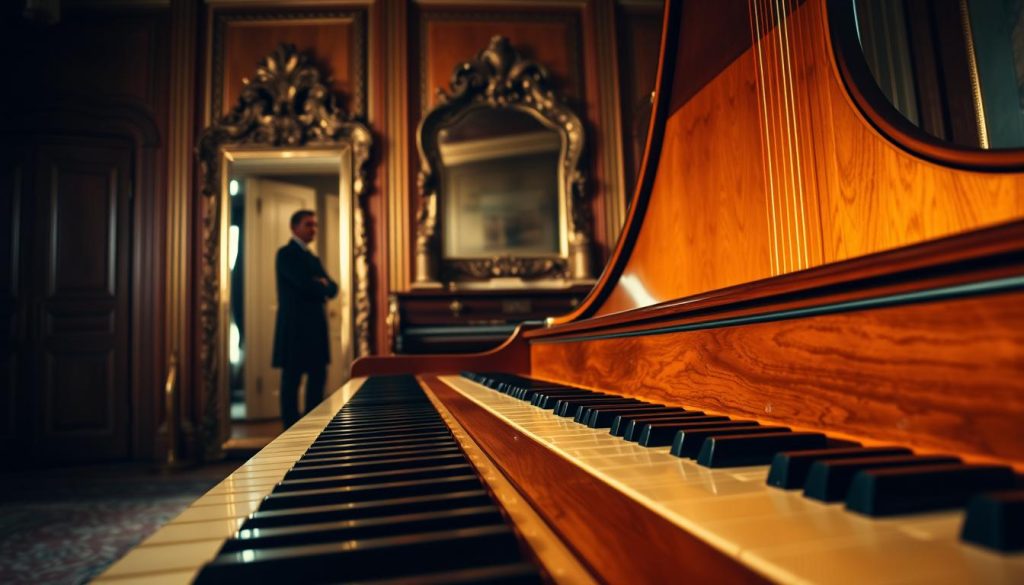 A grand harpsichord sits in an elegantly decorated room bathed in soft, warm lighting, capturing the essence of its intricate design and polished wood finish. The foreground features the keys of the harpsichord with a slight focus, emphasizing their lack of dynamic response compared to a piano. In the middle ground, a subtle reflection in a nearby ornate mirror hints at a shadowy figure dressed in formal attire, observing the instrument with a contemplative expression. The background shows rich, muted colors of the room’s decor, creating a serene atmosphere of stillness and absence of sound. The overall mood conveys a sense of nostalgia and introspection, highlighting the theme of the harpsichord's static nature in music dynamics.