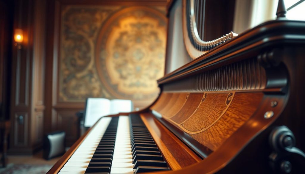 A modern harpsichord elegantly displayed in a softly lit room, showcasing its intricate craftsmanship and polished wood finish. In the foreground, highlight the detailed keys and ornate carvings, reflecting a blend of traditional and contemporary design elements. The middle ground includes a gentle blur of sheet music, suggesting a practice session. In the background, a vintage-style soundboard with rich textures, subtly illuminated by warm, ambient lighting, creates an inviting atmosphere. The overall mood is serene and sophisticated, evoking a sense of revival and appreciation for the harpsichord in today's music scene. The angle captures the instrument at an eye-level perspective to emphasize its grandeur.
