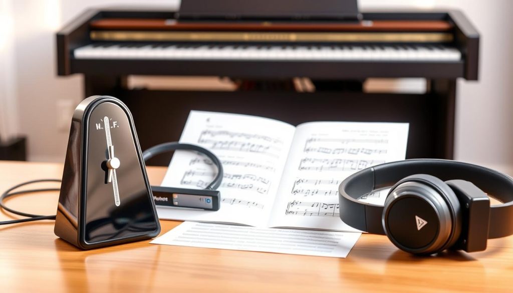 A beautifully arranged display of essential piano accessories for an electronic keyboard, featuring a stylish metronome, pristine sheet music, a set of high-quality headphones, and a compact music stand. In the foreground, the polished black metronome stands out, catching the soft, warm light illuminating the scene. In the middle ground, neatly arranged sheets of music with various compositions showcase a range of music styles, while a sleek music stand supports them. Towards the background, blurred hints of an elegant piano and instrument cables create an immersive atmosphere. Soft, natural lighting enhances the mood, evoking a calm and focused environment perfect for practice. The image is taken from a slightly elevated angle, emphasizing the accessories laid out and inviting musicians to explore the essentials that complement their electronic piano experience.