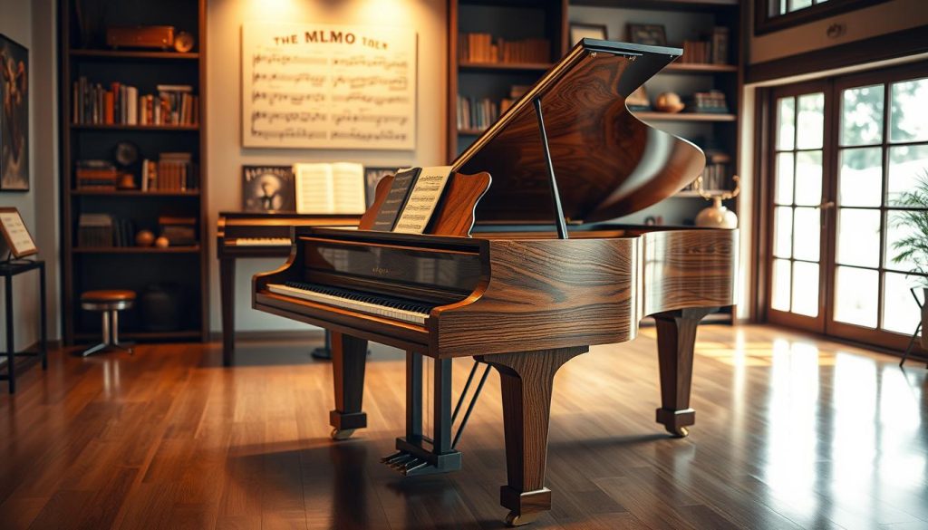 A beautifully crafted Japanese piano, showcasing a blend of modern and traditional design elements. The instrument is placed prominently in the foreground, with delicate wood grain details and intricate finishes glimmering under soft, warm spotlighting. A subtle reflection of the piano can be seen on a polished wooden floor. In the middle ground, an elegant music stand with scores of classical music complements the piano, suggesting its rich musical heritage. The background features a softly blurred room, adorned with vintage music-themed décor and shelves filled with historical music books, creating a contemplative atmosphere. The overall mood is nostalgic yet innovative, emphasizing the technological legacy of the brand, with a focus on the artistry and craftsmanship of the piano. The scene is captured from a slightly elevated angle, adding depth and inviting viewers into this harmonious space. A beautifully crafted Japanese piano, showcasing a blend of modern and traditional design elements. The instrument is placed prominently in the foreground, with delicate wood grain details and intricate finishes glimmering under soft, warm spotlighting. A subtle reflection of the piano can be seen on a polished wooden floor. In the middle ground, an elegant music stand with scores of classical music complements the piano, suggesting its rich musical heritage. The background features a softly blurred room, adorned with vintage music-themed décor and shelves filled with historical music books, creating a contemplative atmosphere. The overall mood is nostalgic yet innovative, emphasizing the technological legacy of the brand, with a focus on the artistry and craftsmanship of the piano. The scene is captured from a slightly elevated angle, adding depth and inviting viewers into this harmonious space.