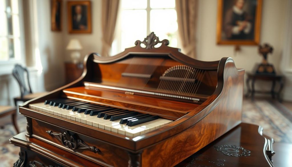 A beautifully crafted clavicorde, showcasing its elegant wooden body with intricate details and a rich finish. The foreground features the instrument on a polished ornate table, with gleaming keys made of ivory and ebony, reflecting the warm light. In the middle ground, soft shadows softly highlight the strings and hammers inside the clavicorde, emphasizing its unique mechanism of sound production. The background is a softly blurred room, gently lit by natural light filtering through a large window, creating a serene and inviting atmosphere. The entire scene conveys a sense of historical richness and musical intimacy, ideal for illustrating the essence of this charming string instrument.