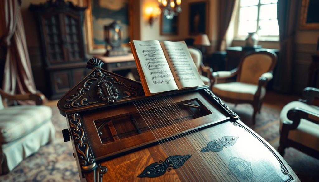 A beautifully crafted virginal instrument, displayed in an elegant, softly lit room. In the foreground, the virginal is detailed with ornate carvings and polished wood, showcasing its distinct rectangular shape and strings visible through the soundboard. In the middle ground, a vintage music score rests gently on the instrument, hinting at its historical significance. The background features a warm, inviting space filled with period-appropriate decor, such as draped fabrics and antique furniture, enhancing the mood of classical refinement. The lighting is soft and warm, casting gentle shadows that accentuate the virginal's craftsmanship. The scene conveys a serene and scholarly atmosphere, perfect for appreciating the intricacies of the virginal's mechanical design. No people or text present in the image.