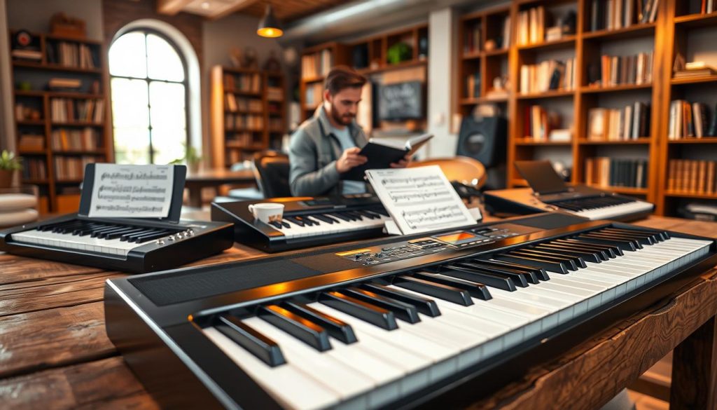 A collection of portable pianos is displayed prominently on a rustic wooden table, showcasing various models with sleek designs and compact sizes. In the foreground, a close-up focuses on the keyboard of a stylish digital piano, with its polished black finish reflecting warm overhead lighting. The middle ground features a musician in casual attire, thoughtfully testing one of the instruments, surrounded by music sheets and a cup of coffee, adding a personal touch to the scene. The background reveals a softly lit, cozy room filled with bookshelves and acoustic panels, creating a warm atmosphere conducive to creativity. The overall mood is inspiring and inviting, perfect for musicians on the move, captured with a slight depth of field to emphasize the pianos. A collection of portable pianos is displayed prominently on a rustic wooden table, showcasing various models with sleek designs and compact sizes. In the foreground, a close-up focuses on the keyboard of a stylish digital piano, with its polished black finish reflecting warm overhead lighting. The middle ground features a musician in casual attire, thoughtfully testing one of the instruments, surrounded by music sheets and a cup of coffee, adding a personal touch to the scene. The background reveals a softly lit, cozy room filled with bookshelves and acoustic panels, creating a warm atmosphere conducive to creativity. The overall mood is inspiring and inviting, perfect for musicians on the move, captured with a slight depth of field to emphasize the pianos.