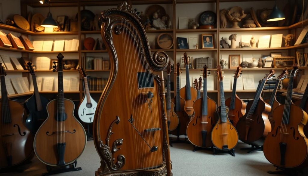 A collection of rare and hybrid harpsichords, showcasing an exquisite variety of shapes and designs, set against a softly illuminated room filled with musical instruments. In the foreground, an ornate hybrid harpsichord with a curved body and intricate carvings reflects the craftsmanship of the Baroque era. In the middle ground, a series of smaller instruments like the virginal and epinette are displayed, each with unique features and vibrant finishes. The background reveals dimly lit shelves lined with sheet music and vintage decorations, creating a warm and inviting atmosphere. The lighting is soft and diffused, casting gentle shadows that enhance the detailed textures of the instruments. The camera angle is slightly angled downward, providing a comprehensive view of these extraordinary musical artifacts.