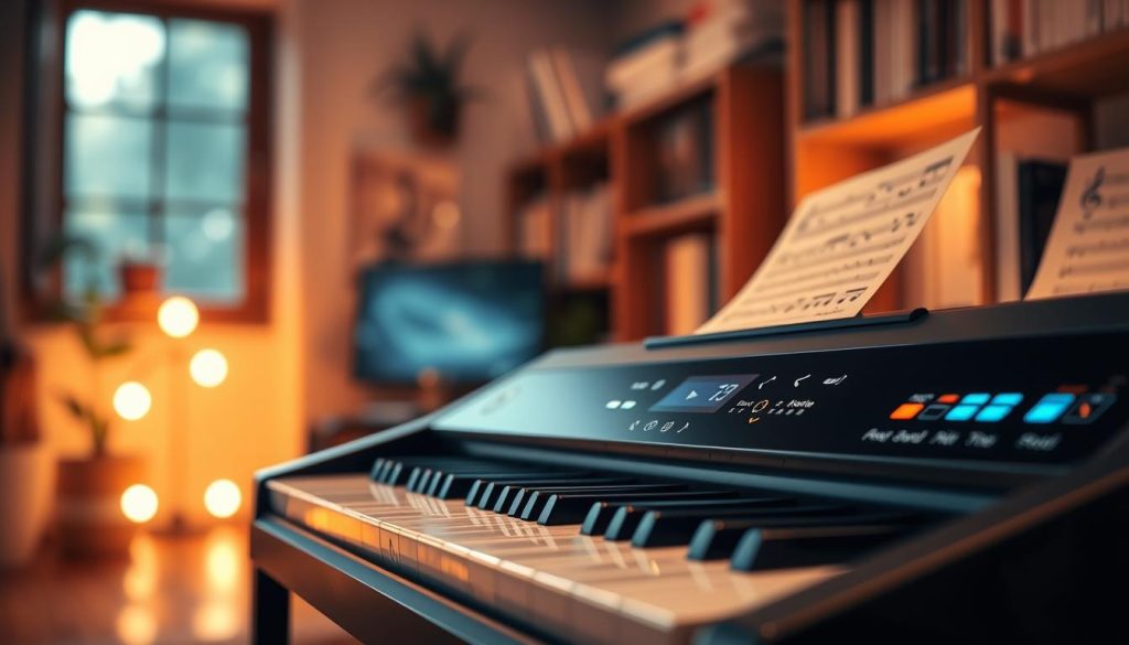 A contemporary digital piano placed prominently in the foreground, featuring sleek, modern design elements and illuminated keys. The piano surface reflects soft ambient lighting, creating a warm atmosphere. In the middle ground, subtle hints of sheet music and musical notes float around, symbolizing creativity and inspiration. In the background, a blurred, cozy music room setting with shelves of music books and a softly glowing window, bathing the scene in natural light. The overall mood is inviting and inspiring, capturing the essence of a digital music workspace. Use a shallow depth of field for a focused look on the piano while allowing the background to gracefully fade. Aim for a warm color palette with gentle contrasts to enhance the tranquil and artistic vibe. A contemporary digital piano placed prominently in the foreground, featuring sleek, modern design elements and illuminated keys. The piano surface reflects soft ambient lighting, creating a warm atmosphere. In the middle ground, subtle hints of sheet music and musical notes float around, symbolizing creativity and inspiration. In the background, a blurred, cozy music room setting with shelves of music books and a softly glowing window, bathing the scene in natural light. The overall mood is inviting and inspiring, capturing the essence of a digital music workspace. Use a shallow depth of field for a focused look on the piano while allowing the background to gracefully fade. Aim for a warm color palette with gentle contrasts to enhance the tranquil and artistic vibe.