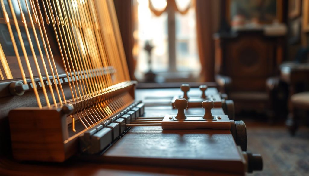 A detailed close-up view of the "mécanisme du sautereau," showcasing the intricate wooden components and metal parts that create the instrument's unique sound. The foreground highlights the finely crafted strings and hammers, glinting in warm sunlight. The middle ground features the mechanism in action, illustrating how the parts interact; delicate wooden levers and springs should be clearly visible. The background includes a softly blurred setting of a vintage music room, with a rich but muted color palette to evoke a sense of history and craftsmanship. The mood should be warm and inviting, suggesting a sense of reverence for the artistry of the harpsichord family. A warm, natural light enhances the textures of the materials, creating depth and richness.