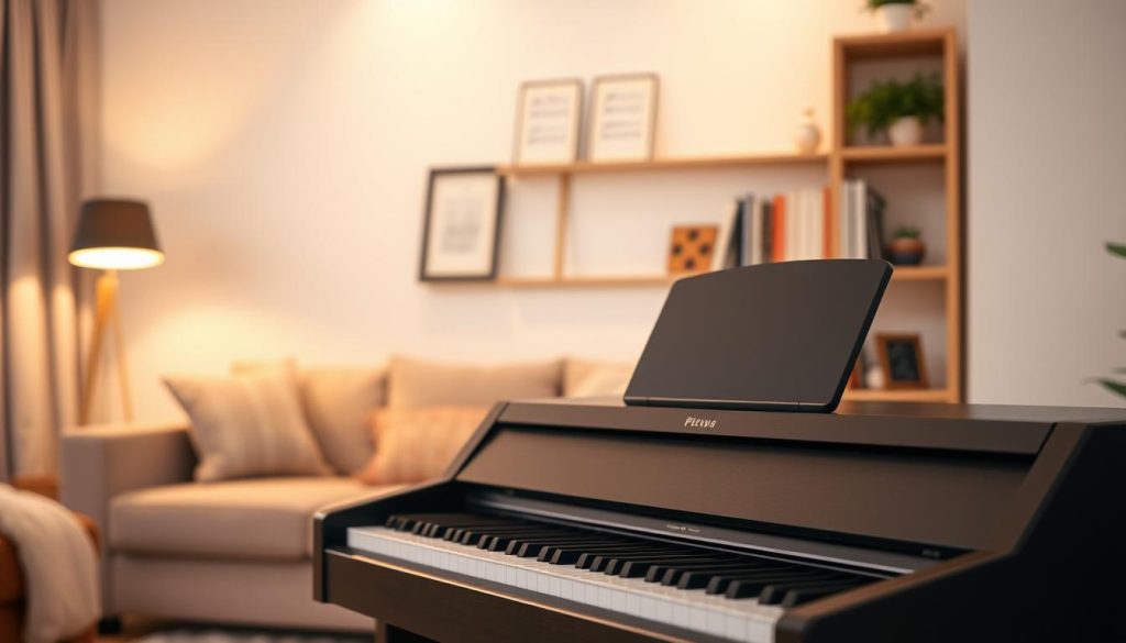A modern, budget-friendly digital piano set up in a cozy home environment. In the foreground, a sleek, black digital piano with illuminated keys and a minimalistic design. On the middle ground, a comfortable living room space with soft lighting illuminating the piano, showcasing a warm and inviting atmosphere. The background features a well-organized shelf with sheet music and music books, evoking a sense of musical passion. The scene is softly lit, enhancing the richness of the wood grain on the piano and casting gentle shadows. Capture the mood of contemplation, as if a musician is weighing their options for a lasting instrument. Use a shallow depth of field to keep the focus on the piano, creating a heartfelt ambiance that resonates with the idea of thoughtful budgeting for a musical investment.