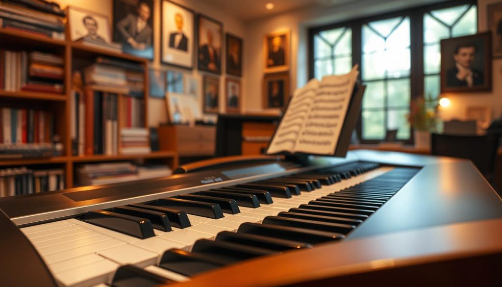 A modern digital piano in a softly lit, cozy music studio setting. The piano is sleek, with black keys and a polished wooden finish, showcasing its elegant design. In the foreground, focus on the keys and pedal, emphasizing their tactile quality and responsiveness. The middle ground features a neatly arranged sheet of music on a stand, hinting at the practice of a musician. In the background, warm ambient light filters through a large window, illuminating an assortment of music books and framed photos of legendary pianists on the walls. The atmosphere is inviting and inspirational, suggesting a blend of traditional craftsmanship and modern technology. A modern digital piano in a softly lit, cozy music studio setting. The piano is sleek, with black keys and a polished wooden finish, showcasing its elegant design. In the foreground, focus on the keys and pedal, emphasizing their tactile quality and responsiveness. The middle ground features a neatly arranged sheet of music on a stand, hinting at the practice of a musician. In the background, warm ambient light filters through a large window, illuminating an assortment of music books and framed photos of legendary pianists on the walls. The atmosphere is inviting and inspirational, suggesting a blend of traditional craftsmanship and modern technology.