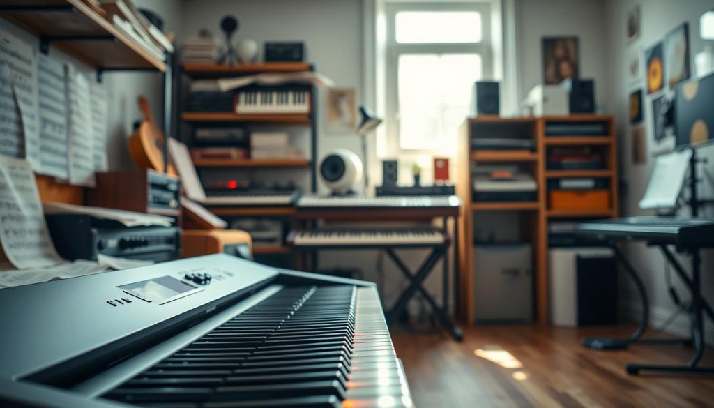 A modern digital piano positioned prominently in the foreground, showcasing its sleek design and illuminated keys. The piano is surrounded by a variety of musical scores and sheets, hinting at a rich exploration of sound. In the middle ground, shelves filled with analog synthesizers and vintage music equipment create a contrast to the digital element, while a nearby window lets in soft, natural light, casting gentle shadows that add depth to the scene. In the background, a blurred view of an organized music studio ambiance reflects a creative atmosphere. The overall mood is one of inspiration and innovation, inviting the viewer into the world of digital music exploration. The composition should capture the intricate details of the piano and its surroundings with a warm, inviting light that emphasizes creativity and musicality. A modern digital piano positioned prominently in the foreground, showcasing its sleek design and illuminated keys. The piano is surrounded by a variety of musical scores and sheets, hinting at a rich exploration of sound. In the middle ground, shelves filled with analog synthesizers and vintage music equipment create a contrast to the digital element, while a nearby window lets in soft, natural light, casting gentle shadows that add depth to the scene. In the background, a blurred view of an organized music studio ambiance reflects a creative atmosphere. The overall mood is one of inspiration and innovation, inviting the viewer into the world of digital music exploration. The composition should capture the intricate details of the piano and its surroundings with a warm, inviting light that emphasizes creativity and musicality.