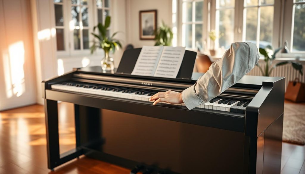 A modern digital piano sits elegantly in a bright, inviting room filled with natural light streaming through large windows. The piano's sleek black finish is accented by a polished wooden floor reflecting its features. In the foreground, a pair of hands, clad in smart casual attire, gracefully play a melody, illustrating the instrument's accessibility for beginners. In the middle, sheet music rests on a sturdy stand beside the piano. The background shows tasteful decorative elements, like potted plants and a soft rug, creating a warm and inspiring atmosphere. The lighting is soft yet vibrant, emphasizing the piano's details while casting gentle shadows to enhance the composition. The overall mood is one of creativity and encouragement, perfect for a newcomer to the world of music. A modern digital piano sits elegantly in a bright, inviting room filled with natural light streaming through large windows. The piano's sleek black finish is accented by a polished wooden floor reflecting its features. In the foreground, a pair of hands, clad in smart casual attire, gracefully play a melody, illustrating the instrument's accessibility for beginners. In the middle, sheet music rests on a sturdy stand beside the piano. The background shows tasteful decorative elements, like potted plants and a soft rug, creating a warm and inspiring atmosphere. The lighting is soft yet vibrant, emphasizing the piano's details while casting gentle shadows to enhance the composition. The overall mood is one of creativity and encouragement, perfect for a newcomer to the world of music.