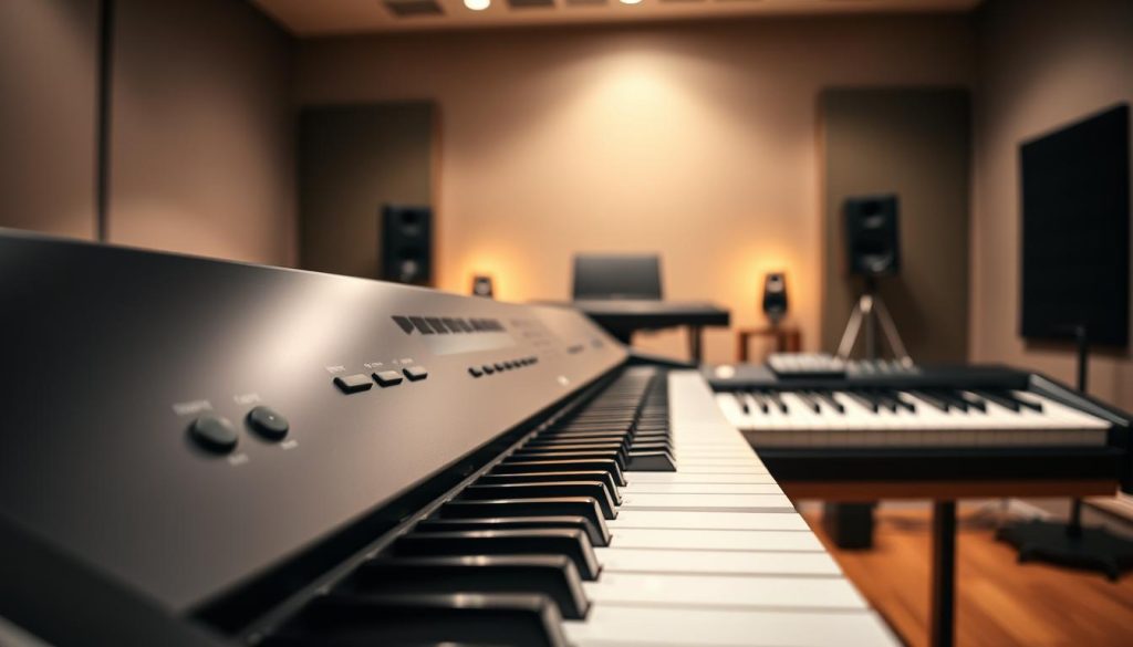 A modern digital piano with integrated amplification is prominently displayed in the foreground, featuring sleek black and silver keys, along with illuminated control panels. The piano's design showcases a combination of elegance and advanced technology, highlighting its smooth contours and luxurious finish. In the middle ground, soft ambient lighting casts gentle reflections off the piano's surface, creating a serene atmosphere. The background consists of a stylish sound studio environment, with acoustic panels and minimalistic decor, establishing a professional yet warm vibe. The overall mood conveys innovation and sophistication, inviting the viewer to appreciate the benefits of built-in amplification in digital pianos. The image is captured from a slightly elevated angle to emphasize the instrument’s features while maintaining a focused depth of field.