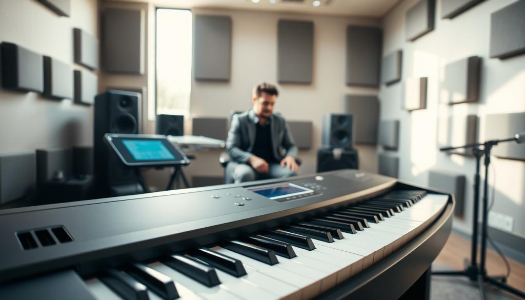 A modern ergonomic electric piano in a well-lit music studio setting, showcasing its sleek design and advanced features. In the foreground, focus on the piano's smooth, curved keyboard and touch-sensitive keys that highlight its ergonomic design. In the middle, display a musician seated professionally, dressed in smart casual attire, interacting with the piano's touch screen interface and various knobs. The background features soundproof walls adorned with acoustic panels, and a large window allowing natural light to stream in, adding warmth to the scene. The atmosphere is creative and inspiring, with soft, diffused lighting enhancing the contemporary feel of the space. Use a wide-angle perspective to capture the entire environment, emphasizing the fusion of form and function in the design.