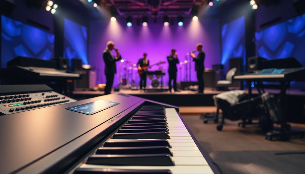 A modern stage piano setup features a sleek, black digital piano prominently in the foreground, with its polished keys gleaming under soft spotlighting. Surrounding it are professional-grade workstations, showcasing various knobs and displays, hinting at a high-tech music production environment. In the middle ground, subtle silhouettes of musicians can be seen adjusting their instruments, clad in stylish business attire, conveying a sense of professionalism and creativity. The background is softly blurred, displaying a dimly lit concert stage with atmospheric lighting in shades of blue and purple, evoking an inspiring and dynamic mood suitable for live performances. The overall composition reflects a sophisticated and energetic ambiance, inviting musicians and producers alike to explore the capabilities of stage pianos and workstations. A modern stage piano setup features a sleek, black digital piano prominently in the foreground, with its polished keys gleaming under soft spotlighting. Surrounding it are professional-grade workstations, showcasing various knobs and displays, hinting at a high-tech music production environment. In the middle ground, subtle silhouettes of musicians can be seen adjusting their instruments, clad in stylish business attire, conveying a sense of professionalism and creativity. The background is softly blurred, displaying a dimly lit concert stage with atmospheric lighting in shades of blue and purple, evoking an inspiring and dynamic mood suitable for live performances. The overall composition reflects a sophisticated and energetic ambiance, inviting musicians and producers alike to explore the capabilities of stage pianos and workstations.