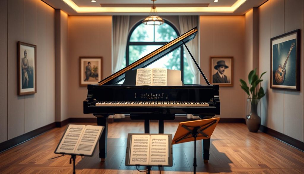 A sleek, modern digital grand piano takes center stage in a softly lit, elegant music studio. The piano, with its polished black finish, showcases an intricate touch screen interface and shimmering keys, reflecting the warm overhead light. In the foreground, a pair of classical sheet music stands display sheet music, hinting at a forthcoming performance. The middle of the scene captures the piano against a backdrop of softly blurred acoustic panels and tasteful art, enhancing the artistic atmosphere. In the background, a tranquil window reveals a glimpse of a serene garden, providing natural light that infuses the space with a calming vibe. The overall mood conveys sophistication and innovation in a harmonious blend, inviting the viewer into the world of digital music excellence. A sleek, modern digital grand piano takes center stage in a softly lit, elegant music studio. The piano, with its polished black finish, showcases an intricate touch screen interface and shimmering keys, reflecting the warm overhead light. In the foreground, a pair of classical sheet music stands display sheet music, hinting at a forthcoming performance. The middle of the scene captures the piano against a backdrop of softly blurred acoustic panels and tasteful art, enhancing the artistic atmosphere. In the background, a tranquil window reveals a glimpse of a serene garden, providing natural light that infuses the space with a calming vibe. The overall mood conveys sophistication and innovation in a harmonious blend, inviting the viewer into the world of digital music excellence.