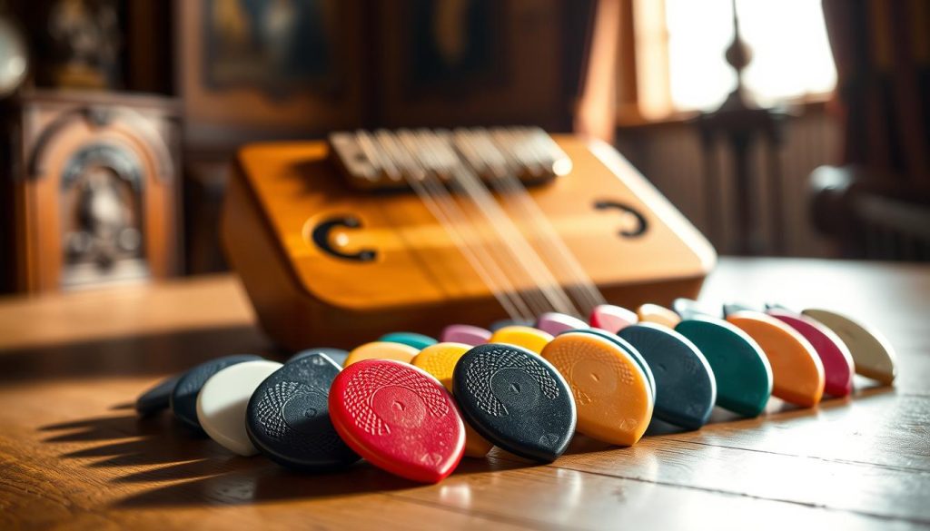 A beautifully arranged collection of Delrin plectrums, varying in colors and sizes, displayed prominently in the foreground. The plectrums sparkle under soft, diffused lighting, casting gentle shadows that highlight their glossy surfaces and distinct shapes. In the middle ground, an elegantly crafted clavecin is subtly blurred, emphasizing the intricate woodwork, contrasting the sleekness of the plectrums. In the background, a warm, softly lit room hinting at historical significance, with rich wooden textures and classical decor enhancing the atmosphere. The overall mood is one of sophistication and craftsmanship, inviting the viewer to appreciate the quality and benefits of high-end musical accessories. The composition should be shot from a slightly elevated angle, providing a clear view of the plectrums while maintaining focus on their nuanced details. A beautifully arranged collection of Delrin plectrums, varying in colors and sizes, displayed prominently in the foreground. The plectrums sparkle under soft, diffused lighting, casting gentle shadows that highlight their glossy surfaces and distinct shapes. In the middle ground, an elegantly crafted clavecin is subtly blurred, emphasizing the intricate woodwork, contrasting the sleekness of the plectrums. In the background, a warm, softly lit room hinting at historical significance, with rich wooden textures and classical decor enhancing the atmosphere. The overall mood is one of sophistication and craftsmanship, inviting the viewer to appreciate the quality and benefits of high-end musical accessories. The composition should be shot from a slightly elevated angle, providing a clear view of the plectrums while maintaining focus on their nuanced details.