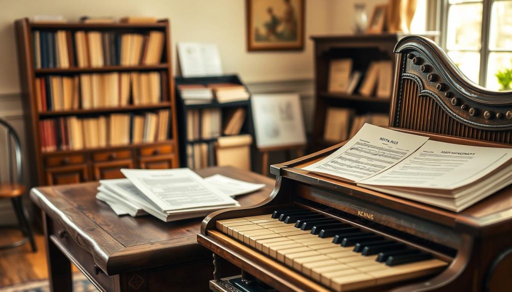 A beautifully arranged scene depicting the rental rules for a harpsichord, featuring a finely crafted, vintage harpsichord in the foreground, with intricate wood carvings and polished keys reflecting soft natural light. On a rustic wooden table beside it, neatly stacked brochures and rental agreements detail the monthly rental process, emphasizing terms and conditions. In the middle distance, a well-organized bookshelf filled with musical scores and documents conveys an atmosphere of professionalism. The background includes a warm, inviting room setting with soft lighting from a nearby window, casting gentle shadows. The overall mood is cooperative and informative, aimed at inspiring trust and clarity about rental guidelines. A soft focus lens effect adds a dreamy touch, highlighting the elegance of the harpsichord as the focal point. A beautifully arranged scene depicting the rental rules for a harpsichord, featuring a finely crafted, vintage harpsichord in the foreground, with intricate wood carvings and polished keys reflecting soft natural light. On a rustic wooden table beside it, neatly stacked brochures and rental agreements detail the monthly rental process, emphasizing terms and conditions. In the middle distance, a well-organized bookshelf filled with musical scores and documents conveys an atmosphere of professionalism. The background includes a warm, inviting room setting with soft lighting from a nearby window, casting gentle shadows. The overall mood is cooperative and informative, aimed at inspiring trust and clarity about rental guidelines. A soft focus lens effect adds a dreamy touch, highlighting the elegance of the harpsichord as the focal point.