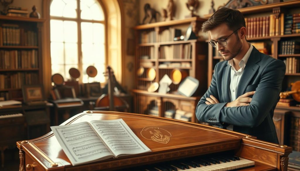A beautifully arranged vintage harpsichord in a softly lit antique music room, showcasing intricate woodwork and delicate gilt details. In the foreground, a pair of sheet music resting on the open lid, hinting at its musical potential. To the side, a professional-looking individual dressed in smart casual attire examines the instrument with a thoughtful expression, perhaps considering its condition. In the middle ground, shelves lined with various music books and instruments create a cozy, scholarly ambiance. The background features soft-focus antique decor, enhancing the atmosphere of refinement and history. Warm golden light streams in through large windows, casting gentle shadows and creating an inviting mood that invites exploration and appreciation for this unique musical piece. A beautifully arranged vintage harpsichord in a softly lit antique music room, showcasing intricate woodwork and delicate gilt details. In the foreground, a pair of sheet music resting on the open lid, hinting at its musical potential. To the side, a professional-looking individual dressed in smart casual attire examines the instrument with a thoughtful expression, perhaps considering its condition. In the middle ground, shelves lined with various music books and instruments create a cozy, scholarly ambiance. The background features soft-focus antique decor, enhancing the atmosphere of refinement and history. Warm golden light streams in through large windows, casting gentle shadows and creating an inviting mood that invites exploration and appreciation for this unique musical piece.
