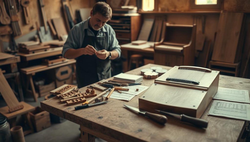 A beautifully arranged workshop scene focused on crafting a harpsichord (clavecin). In the foreground, an artisan in modest casual clothing carefully assembles intricately designed wooden pieces, showcasing detailed craftsmanship. The middle ground features tools scattered on a sturdy wooden workbench, along with sheets of music and a half-assembled clavecin, highlighting its components such as strings and a decorative front panel. The background reveals a well-lit workshop with warm, natural lighting illuminating the wood grains, enhancing the cozy and inviting atmosphere of a creative workspace. Soft shadows cast by the gentle light add depth to the scene, promoting a warm, industrious mood essential for the art of instrument-making. A beautifully arranged workshop scene focused on crafting a harpsichord (clavecin). In the foreground, an artisan in modest casual clothing carefully assembles intricately designed wooden pieces, showcasing detailed craftsmanship. The middle ground features tools scattered on a sturdy wooden workbench, along with sheets of music and a half-assembled clavecin, highlighting its components such as strings and a decorative front panel. The background reveals a well-lit workshop with warm, natural lighting illuminating the wood grains, enhancing the cozy and inviting atmosphere of a creative workspace. Soft shadows cast by the gentle light add depth to the scene, promoting a warm, industrious mood essential for the art of instrument-making.
