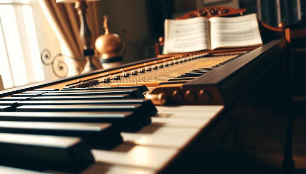 A beautifully crafted harpsichord, highlighting the intricate quality of its keys and the delicate mechanics beneath. In the foreground, focus on a close-up of polished wooden keys, glistening under soft, warm lighting that emphasizes their craftsmanship. The middle scene reveals the finely detailed action mechanism, showcasing the complex interplay of levers and plectra, reflecting a sense of artistry and precision. In the background, a softly blurred music sheet rests on an ornate stand, adding to the ambiance of a sophisticated practice room. The lighting is directed to create gentle shadows, evoking a mood of elegance and dedication to musical excellence. The setting is peaceful, inviting contemplation and appreciation for the instrument’s quality. A beautifully crafted harpsichord, highlighting the intricate quality of its keys and the delicate mechanics beneath. In the foreground, focus on a close-up of polished wooden keys, glistening under soft, warm lighting that emphasizes their craftsmanship. The middle scene reveals the finely detailed action mechanism, showcasing the complex interplay of levers and plectra, reflecting a sense of artistry and precision. In the background, a softly blurred music sheet rests on an ornate stand, adding to the ambiance of a sophisticated practice room. The lighting is directed to create gentle shadows, evoking a mood of elegance and dedication to musical excellence. The setting is peaceful, inviting contemplation and appreciation for the instrument’s quality.
