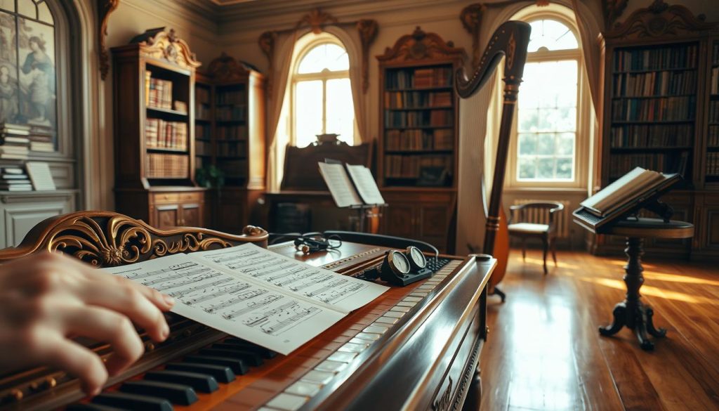 A beautifully crafted harpsichord is the focal point, set on a polished wooden floor in a sunlit music room. The harpsichord features intricate baroque designs with gold leaf accents, captivating the viewer's attention. In the foreground, soft fingers delicately touch the keys, showcasing the craftsmanship. In the middle ground, sheet music sprawled across an antique music stand provides context, while a metronome sits on a nearby table, hinting at the preparation for a performance. The background is filled with ornate bookcases stacked with classical music scores, and a large window allows warm, natural light to flood the room. The atmosphere is serene and inspiring, evoking a sense of timeless musical artistry. A beautifully crafted harpsichord is the focal point, set on a polished wooden floor in a sunlit music room. The harpsichord features intricate baroque designs with gold leaf accents, captivating the viewer's attention. In the foreground, soft fingers delicately touch the keys, showcasing the craftsmanship. In the middle ground, sheet music sprawled across an antique music stand provides context, while a metronome sits on a nearby table, hinting at the preparation for a performance. The background is filled with ornate bookcases stacked with classical music scores, and a large window allows warm, natural light to flood the room. The atmosphere is serene and inspiring, evoking a sense of timeless musical artistry.