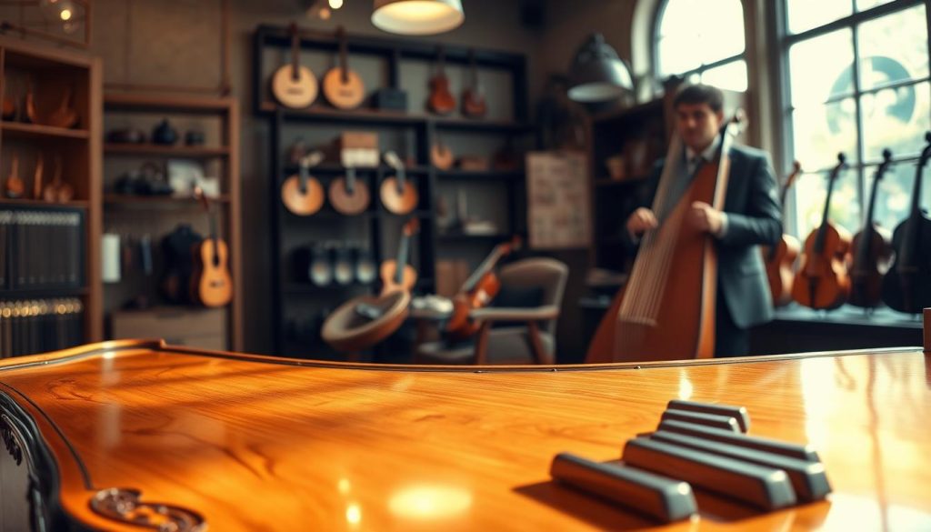 A beautifully crafted harpsichord positioned in a well-lit, elegant music shop. In the foreground, the glossy wooden surface of the harpsichord reflects the ambient light, showcasing intricate carvings and the delicate keys. The middle ground features shelves lined with various musical instruments and accessories, hinting at the diversity of options available. Soft, natural light filters through large windows, creating a warm and inviting atmosphere. In the background, a professional looking music consultant, dressed in smart casual attire, is attentively discussing with a customer., emphasizing the importance of budget and logistics. The entire scene conveys a sense of professionalism and passion for music, perfect for a discussion on managing expenses when purchasing a used instrument. A beautifully crafted harpsichord positioned in a well-lit, elegant music shop. In the foreground, the glossy wooden surface of the harpsichord reflects the ambient light, showcasing intricate carvings and the delicate keys. The middle ground features shelves lined with various musical instruments and accessories, hinting at the diversity of options available. Soft, natural light filters through large windows, creating a warm and inviting atmosphere. In the background, a professional looking music consultant, dressed in smart casual attire, is attentively discussing with a customer., emphasizing the importance of budget and logistics. The entire scene conveys a sense of professionalism and passion for music, perfect for a discussion on managing expenses when purchasing a used instrument.