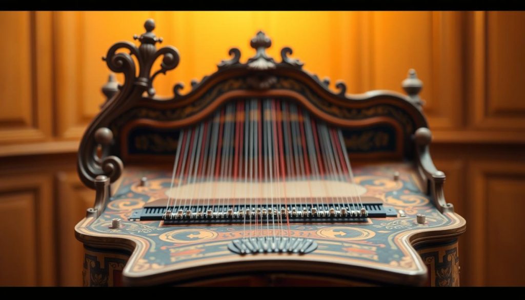 A beautifully crafted harpsichord, showcasing intricate technical specifications and details, prominently displayed in the foreground. The harpsichord's body features ornate woodwork and vivid colors, highlighting its craftsmanship. In the middle ground, an open lid reveals the strings and mechanics of the instrument, illustrating its unique sound production. The background includes soft, diffused lighting that enhances the warm tones of the wood and adds a gentle glow to the scene. A subtle depth of field effect blurs the background, drawing focus to the harpsichord. This image captures a serene and elegant atmosphere, perfect for understanding the technical aspects of this historical instrument. A beautifully crafted harpsichord, showcasing intricate technical specifications and details, prominently displayed in the foreground. The harpsichord's body features ornate woodwork and vivid colors, highlighting its craftsmanship. In the middle ground, an open lid reveals the strings and mechanics of the instrument, illustrating its unique sound production. The background includes soft, diffused lighting that enhances the warm tones of the wood and adds a gentle glow to the scene. A subtle depth of field effect blurs the background, drawing focus to the harpsichord. This image captures a serene and elegant atmosphere, perfect for understanding the technical aspects of this historical instrument.