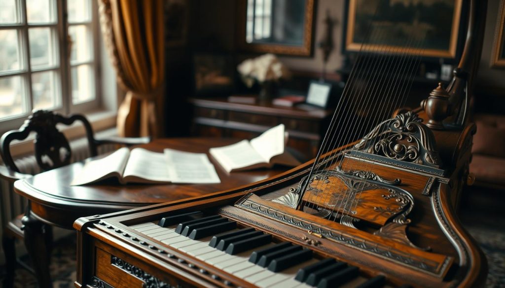 A beautifully crafted harpsichord sits prominently in the foreground, showcasing its intricate wooden details and ornate carvings. Soft natural light filters through a nearby window, casting gentle shadows that enhance the texture of the instrument. In the middle ground, a selection of music sheets is spread out on a vintage wooden table, hinting at the artistry involved in playing the clavecin. The background features a cozy, elegantly decorated room with rich, warm colors and lush drapery, creating an inviting atmosphere. The overall mood is one of sophistication and a deep appreciation for classical music, capturing the essence of selecting a high-quality clavecin. The perspective is slightly elevated to provide a full view of the instrument and its surrounding details, ensuring a visually captivating image. A beautifully crafted harpsichord sits prominently in the foreground, showcasing its intricate wooden details and ornate carvings. Soft natural light filters through a nearby window, casting gentle shadows that enhance the texture of the instrument. In the middle ground, a selection of music sheets is spread out on a vintage wooden table, hinting at the artistry involved in playing the clavecin. The background features a cozy, elegantly decorated room with rich, warm colors and lush drapery, creating an inviting atmosphere. The overall mood is one of sophistication and a deep appreciation for classical music, capturing the essence of selecting a high-quality clavecin. The perspective is slightly elevated to provide a full view of the instrument and its surrounding details, ensuring a visually captivating image.