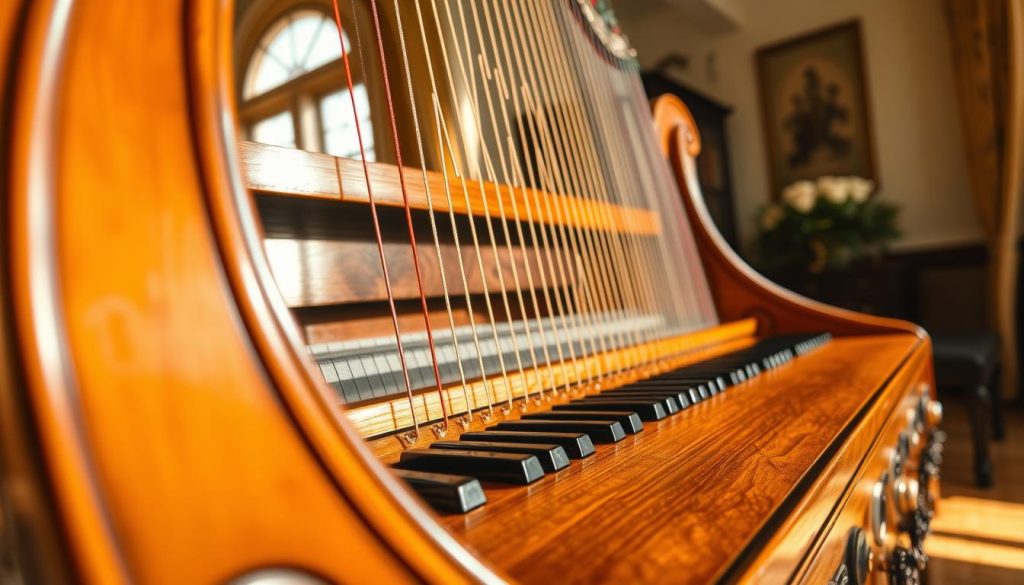 A close-up view of a beautifully crafted harpsichord made from rich, polished wood. In the foreground, one can see the intricate details of the wooden casing and its ornate carvings, emphasizing the quality of the craftsmanship. The middle section showcases the glossy keys and the delicate strings inside, with their elegant arrangement visible through the open lid. The background features a softly lit room with warm, natural sunlight filtering through a nearby window, casting gentle shadows that enhance the textures of the wood. The atmosphere is serene and inviting, highlighting the craftsmanship and the inviting nature of a vintage instrument. A close-up view of a beautifully crafted harpsichord made from rich, polished wood. In the foreground, one can see the intricate details of the wooden casing and its ornate carvings, emphasizing the quality of the craftsmanship. The middle section showcases the glossy keys and the delicate strings inside, with their elegant arrangement visible through the open lid. The background features a softly lit room with warm, natural sunlight filtering through a nearby window, casting gentle shadows that enhance the textures of the wood. The atmosphere is serene and inviting, highlighting the craftsmanship and the inviting nature of a vintage instrument.