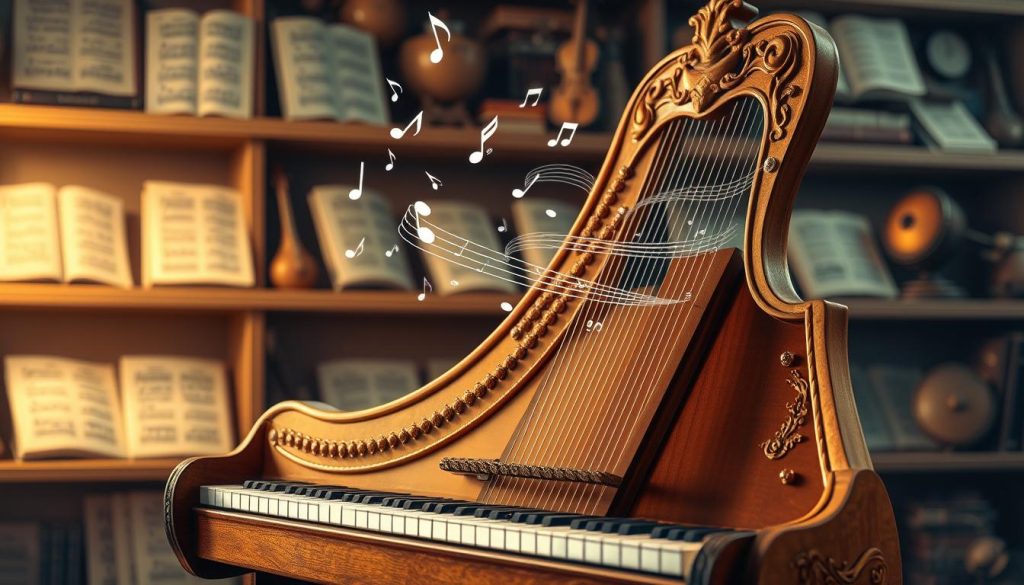 A detailed illustration of a harpsichord showcasing its distinctive sound characteristics, positioned prominently in the foreground, capturing the intricate craftsmanship of the instrument, including ornate decorations and multiple keyboards. The middle layer features musical notes and sound waves emanating from the instrument, visualizing the resonance and auditory qualities it produces. In the background, softly blurred shelves filled with musical scores and instruments to create a warm, inviting atmosphere. The lighting is soft and warm, highlighting the textures of the wood and metallic strings. The mood is serene and elegant, evoking the rich history of baroque music. The perspective is slightly angled to emphasize depth and focus on the harpsichord. A detailed illustration of a harpsichord showcasing its distinctive sound characteristics, positioned prominently in the foreground, capturing the intricate craftsmanship of the instrument, including ornate decorations and multiple keyboards. The middle layer features musical notes and sound waves emanating from the instrument, visualizing the resonance and auditory qualities it produces. In the background, softly blurred shelves filled with musical scores and instruments to create a warm, inviting atmosphere. The lighting is soft and warm, highlighting the textures of the wood and metallic strings. The mood is serene and elegant, evoking the rich history of baroque music. The perspective is slightly angled to emphasize depth and focus on the harpsichord.