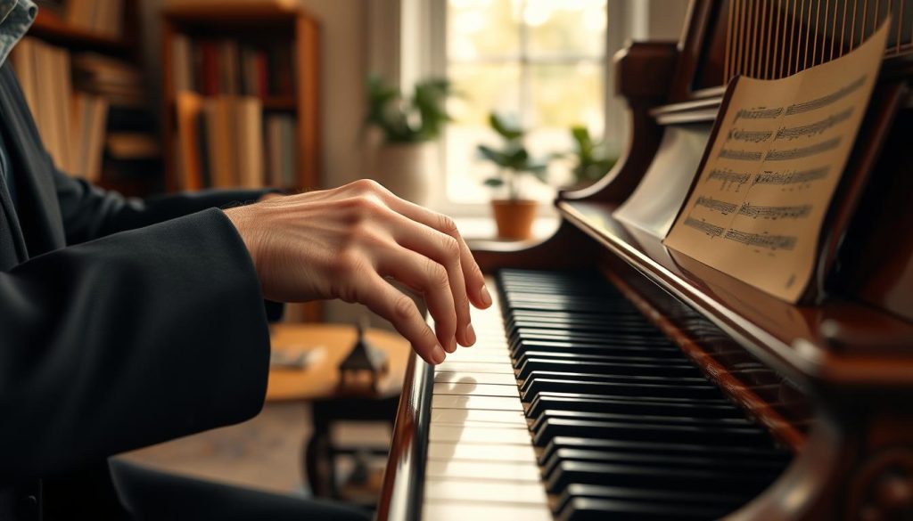 A focused close-up of a musician's hands delicately pressing the keys of a beautiful, antique harpsichord, capturing the intricate details of the instrument’s ornate woodwork and polished ivory keys. The musician, dressed in a smart-casual attire, demonstrates a technique that emphasizes touch and proprioception, with their fingers poised gracefully above the keys. Soft, warm lighting illuminates the scene, casting gentle shadows that highlight the texture of the wood and the delicate movement of the hands. In the background, out of focus, a cozy room filled with music scores and a small potted plant, creating an intimate and inspiring atmosphere that enhances the importance of tactile sensation in music. A focused close-up of a musician's hands delicately pressing the keys of a beautiful, antique harpsichord, capturing the intricate details of the instrument’s ornate woodwork and polished ivory keys. The musician, dressed in a smart-casual attire, demonstrates a technique that emphasizes touch and proprioception, with their fingers poised gracefully above the keys. Soft, warm lighting illuminates the scene, casting gentle shadows that highlight the texture of the wood and the delicate movement of the hands. In the background, out of focus, a cozy room filled with music scores and a small potted plant, creating an intimate and inspiring atmosphere that enhances the importance of tactile sensation in music.