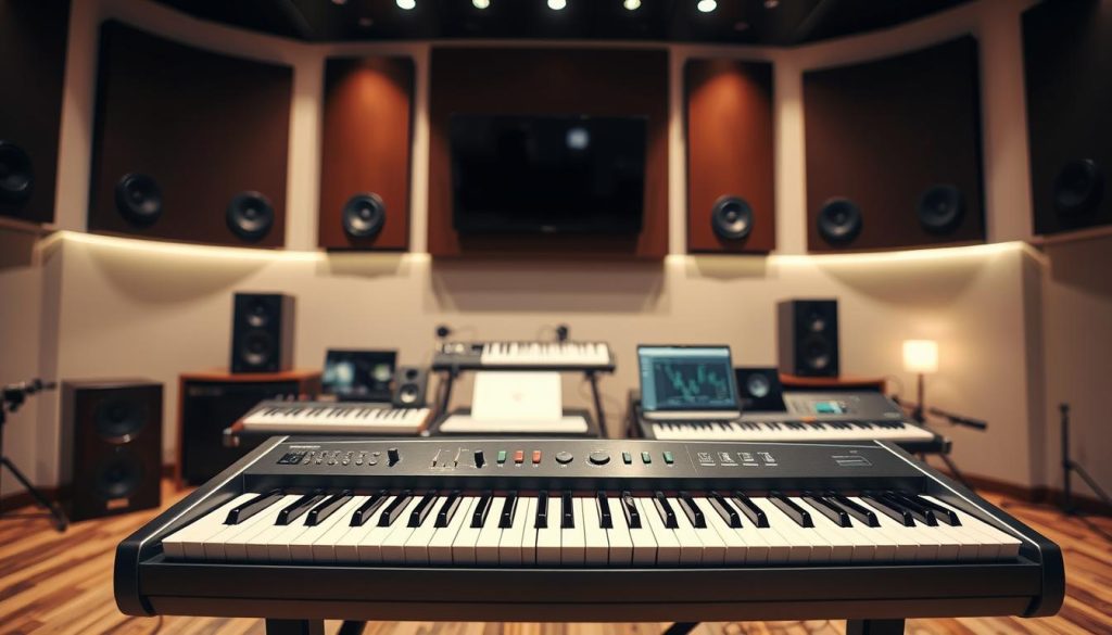 A modern digital harpsichord situated in a stylish, contemporary music studio. In the foreground, the harpsichord features a sleek, minimalist design with an electronic interface displaying connectivity options like USB and MIDI. The middle ground highlights an array of musical instruments connected to the harpsichord, including a synthesizer and a laptop, showcasing a blend of traditional and modern elements. The background is filled with wall-mounted sound panels and soft ambient lighting, creating a warm and inviting atmosphere. The shot is taken from a low angle, emphasizing the harpsichord's elegant silhouette against the backdrop of high-tech music equipment. The setting conveys innovation and creativity in music, inviting viewers to explore the fusion of classical and contemporary sounds. A modern digital harpsichord situated in a stylish, contemporary music studio. In the foreground, the harpsichord features a sleek, minimalist design with an electronic interface displaying connectivity options like USB and MIDI. The middle ground highlights an array of musical instruments connected to the harpsichord, including a synthesizer and a laptop, showcasing a blend of traditional and modern elements. The background is filled with wall-mounted sound panels and soft ambient lighting, creating a warm and inviting atmosphere. The shot is taken from a low angle, emphasizing the harpsichord's elegant silhouette against the backdrop of high-tech music equipment. The setting conveys innovation and creativity in music, inviting viewers to explore the fusion of classical and contemporary sounds.