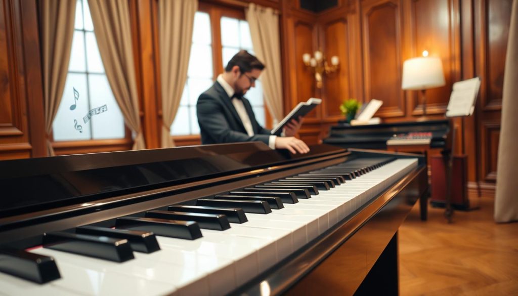 A sleek digital piano is showcased prominently in the foreground, its polished black finish reflecting soft ambient light. The keys gleam under a gentle spotlight, highlighting their pristine white and black colors. In the middle ground, an elegant musician, dressed in professional attire, is engaged in playing the piano, their fingers dancing over the keys with finesse. The background reveals a warm, inviting room adorned with rich wooden panels and soft curtains, creating a cozy atmosphere. Subtle details like sheet music, music notes floating softly, and a vintage music stand enhance the scene's artistic flair. The lighting is warm and soft, casting gentle shadows that emphasize the contrast between the modern digital instrument and the classical setting, conveying a harmonious blend of tradition and innovation. A sleek digital piano is showcased prominently in the foreground, its polished black finish reflecting soft ambient light. The keys gleam under a gentle spotlight, highlighting their pristine white and black colors. In the middle ground, an elegant musician, dressed in professional attire, is engaged in playing the piano, their fingers dancing over the keys with finesse. The background reveals a warm, inviting room adorned with rich wooden panels and soft curtains, creating a cozy atmosphere. Subtle details like sheet music, music notes floating softly, and a vintage music stand enhance the scene's artistic flair. The lighting is warm and soft, casting gentle shadows that emphasize the contrast between the modern digital instrument and the classical setting, conveying a harmonious blend of tradition and innovation.
